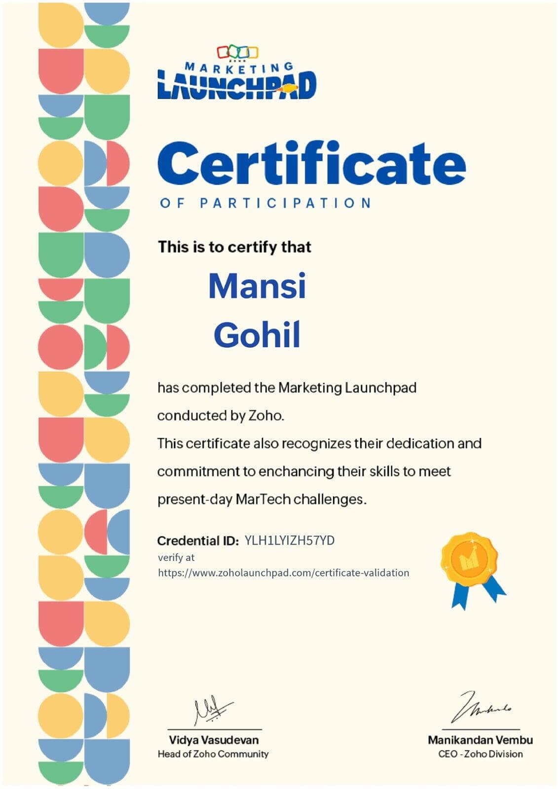 Zoho Marketing Launchpad Certificate held by an Octfis team member